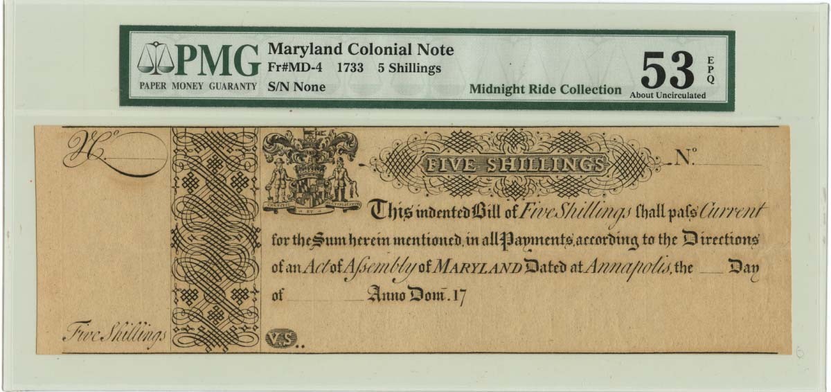 1733, 5 Shillings Maryland Colonial Note FR#MD-4 PMG AU53 EPQ Early Note