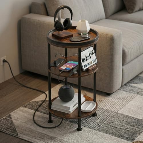 Small Round Side Table with Charging Station for Small Rustic Brown USB Charger