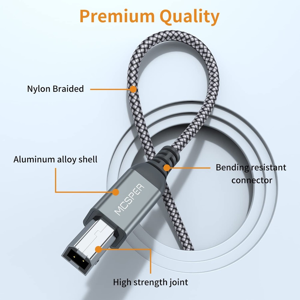 2 Pack USB Printer Cable - 5FT A to B - Compatible 5 feet, Grey