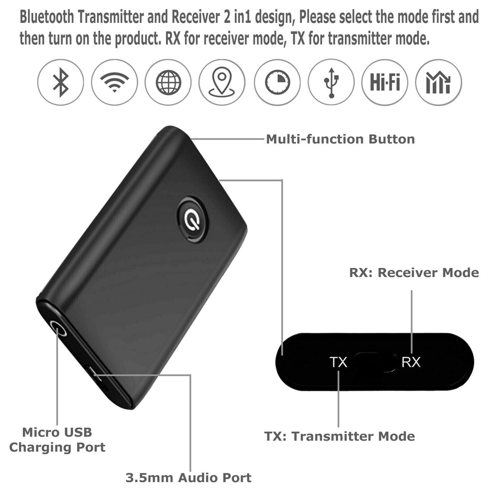 Bluetooth 5.0 Transmitter Receiver 2 IN 1 Wireless Audio 3.5mm Jack Aux Adapter