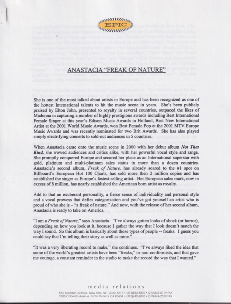 Anastasia press kit for freak of nature