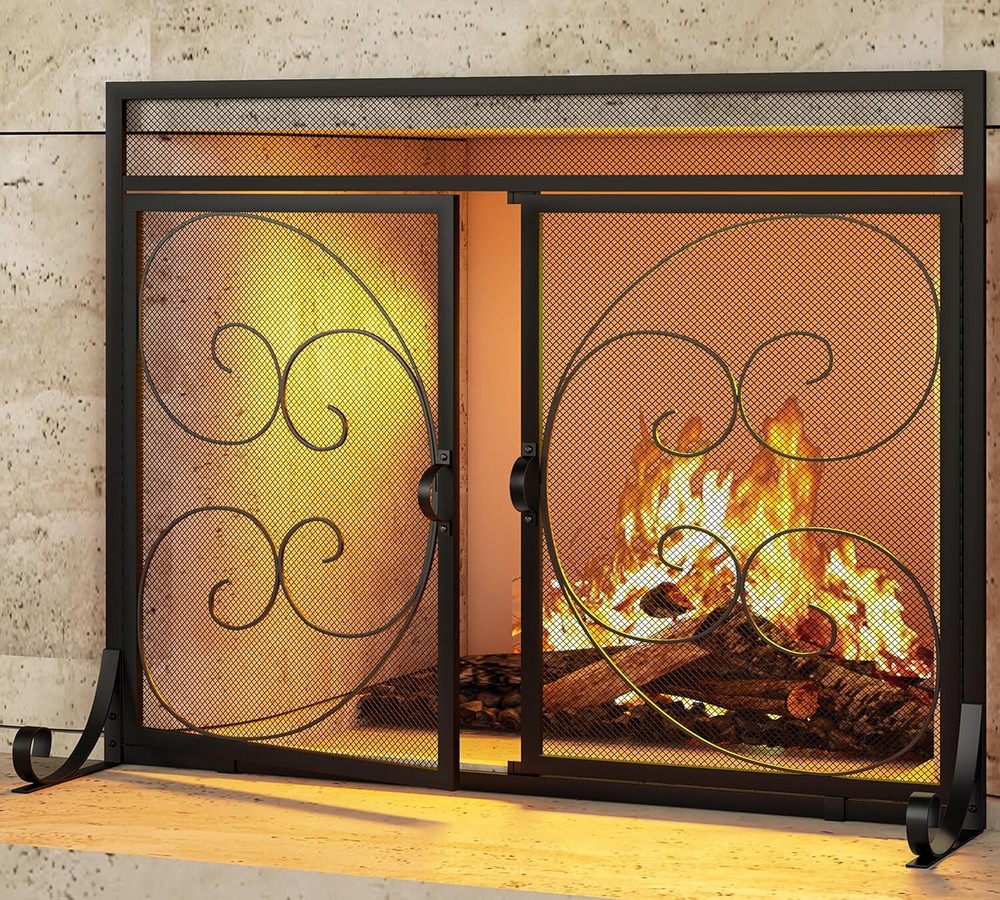 Flat Fireplace Screen Hinged Doors Handcrafted Wrought Iron Classical Scroll