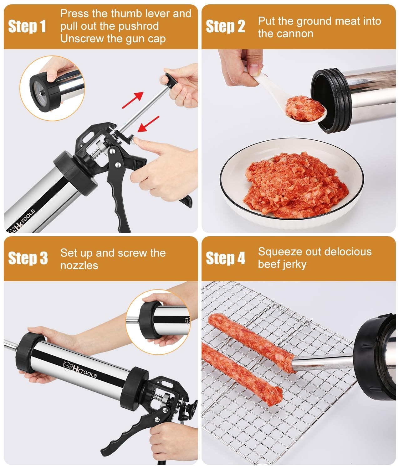 HK Jerky Gun Kits and Meatball Maker, 2.5 LB Stainless Steel Sausage Stuffer