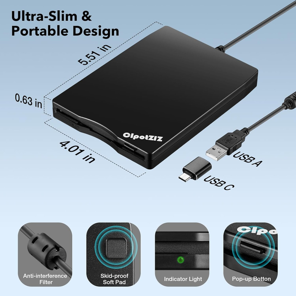 Floppy Disk Reader 3.5 Inch External USB A&C Floppy Disc Drive 3 1/2 Floppy Disk