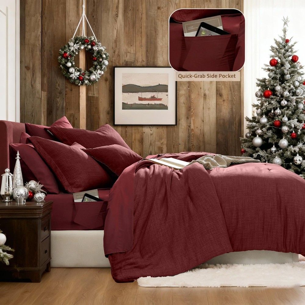King Comforter Set - 7 Pieces Soft Solid Bedding, Dark Red Bed in a Bag