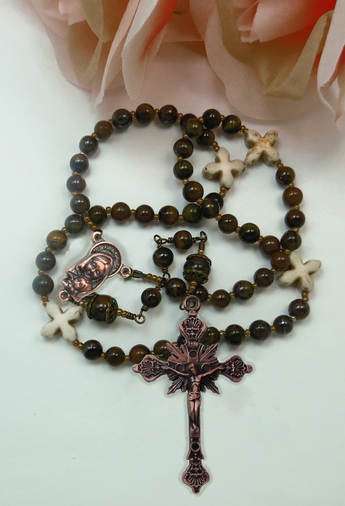 Handmade Catholic Rosary, Tiger Eye Beads and Copper Crucifix