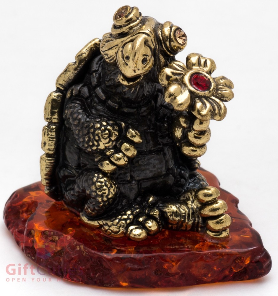 Solid Brass Amber Figurine Tortoise Turtle with a flower talisman IronWork