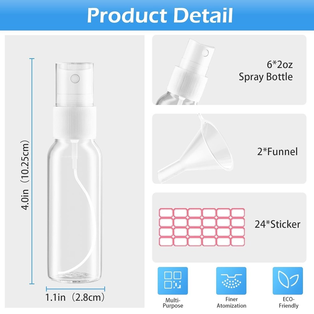 Portable Refillable Spray Bottles 30ml Set with Funnels & Labels, TSA Approved