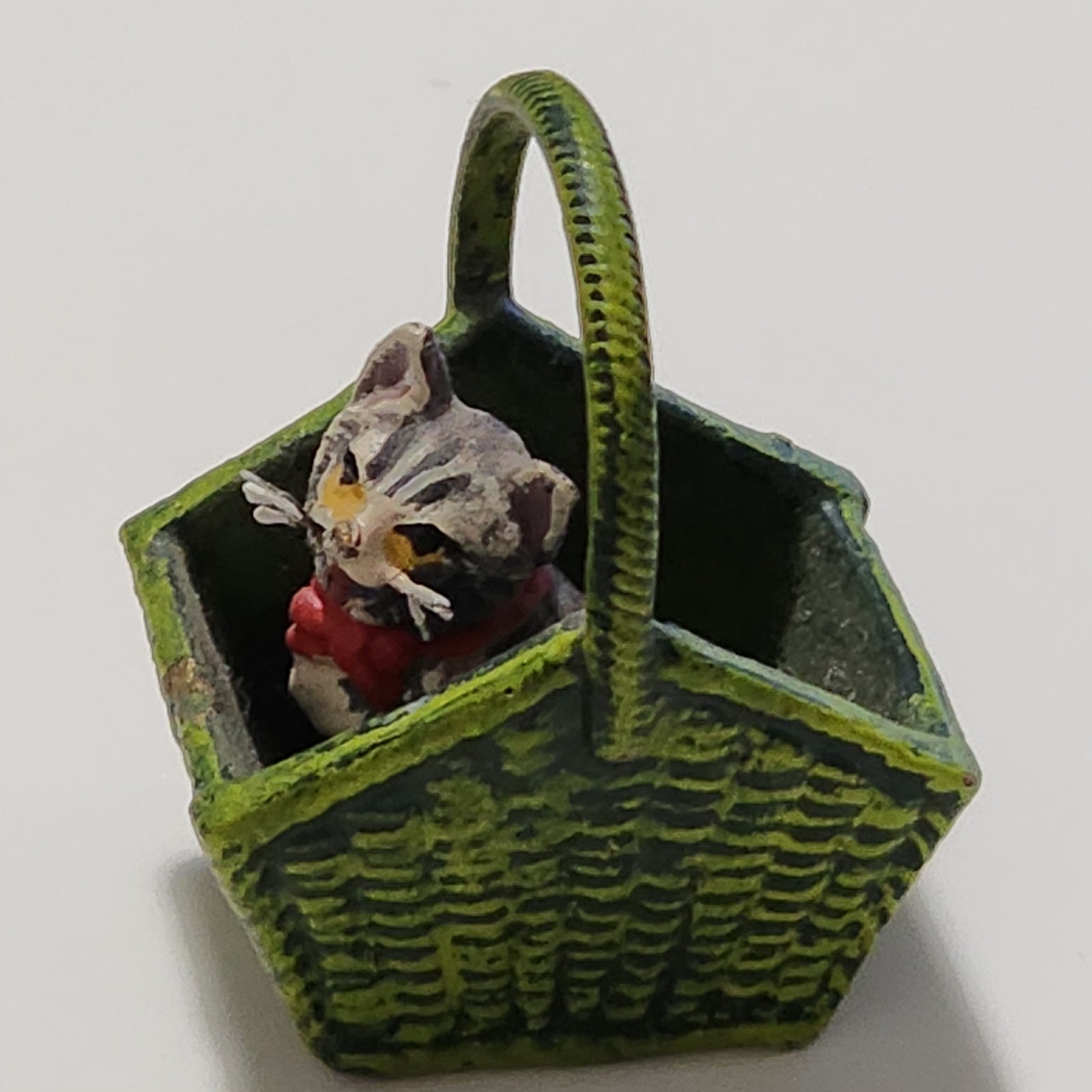 Bermann Vienna Bronze Cold Painted Kitten in Green Basket Figurine
