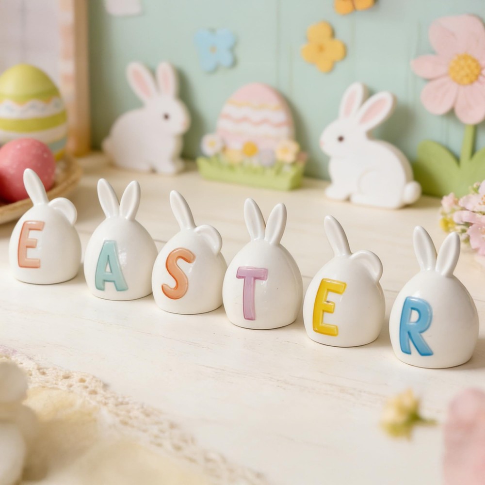 6 Pack Easter Lettered Bunny Decorations, Ceramic Lighted White Rabbit Figurines