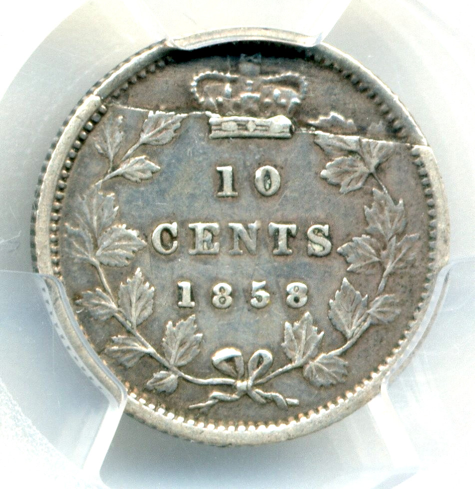 1858 Canada 10 Cents, MINT ERROR, Planchet Lamination Reverse - PCGS EF40