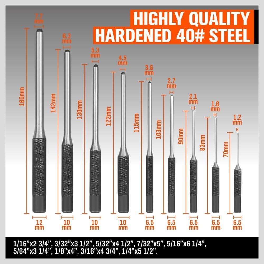 Versatile 9-Piece Chrome Vanadium Roll Pin Punch Set - Lightweight Convenience