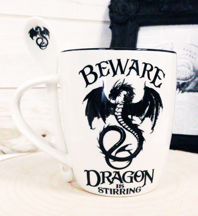 Ebros Altar Drake Beware Dragon Is Stirring Cocoa Tea Coffee Cup Mug & Spoon Set