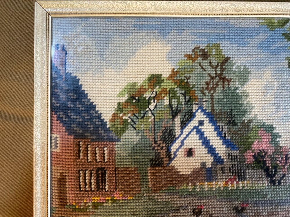 Vintage Needlepoint "White Cottage" - Framed