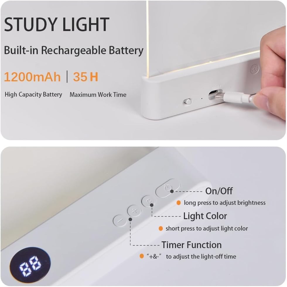 Book Light, 3 Color Adjustable LED Flat Reading Light, Rechargeable Clear Pan...