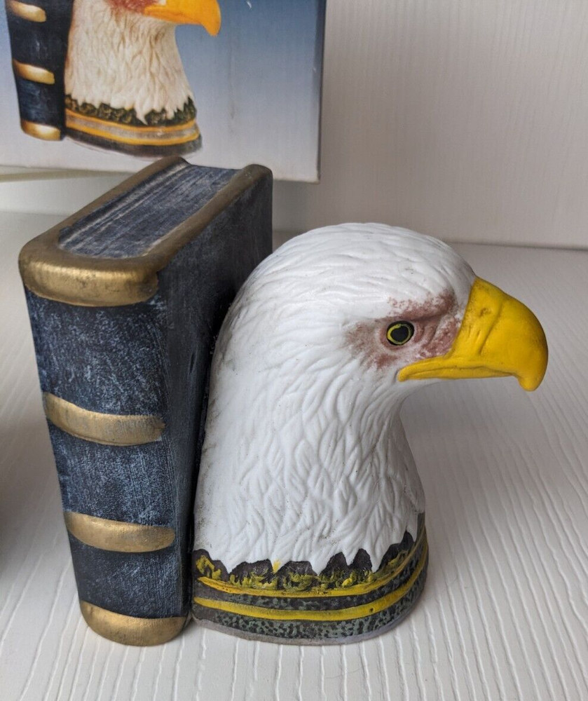 Vintage Bookends Featuring Bald Eagles. Painted Molded Ceramic. 4”H. flawed