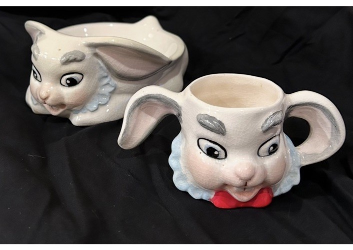 Vintage Easter Bunny Rabbit Bowl & Mug Candy Dish Decorative Glazed Ceramic EUC
