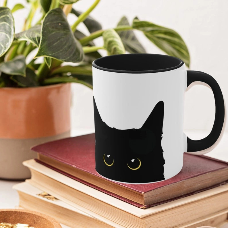 Black Cat Coffee Mug, Two Tone Ceramic Cat Lover Gift