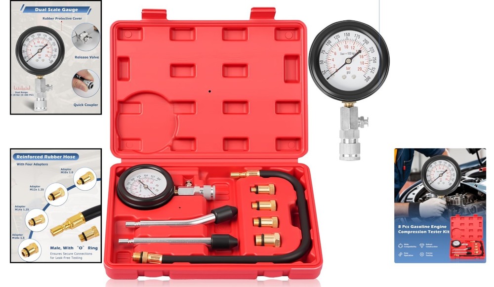 Compact Petrol Engine Compression Tester Kit with Adapters for Various Vehicles