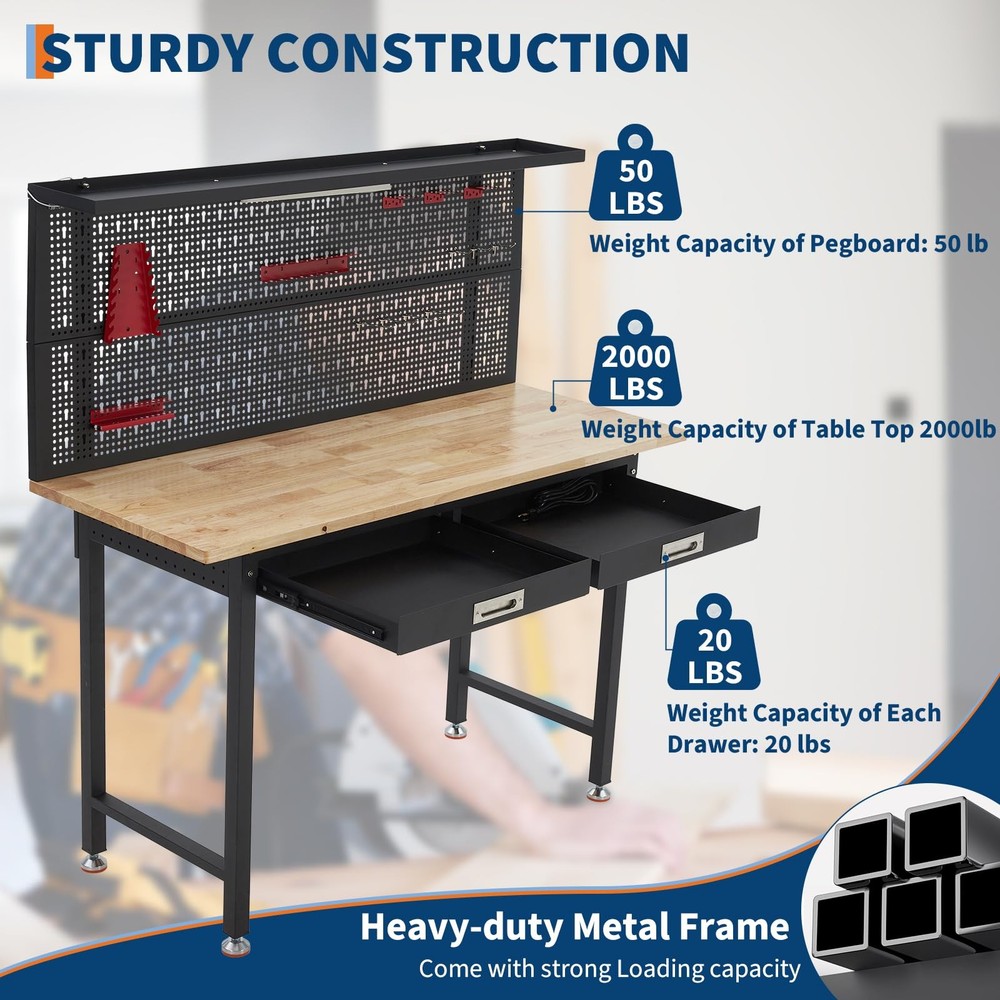 60" Workbench with LED Pegboard and Drawers,Heavy Duty Workbench Tool Storage