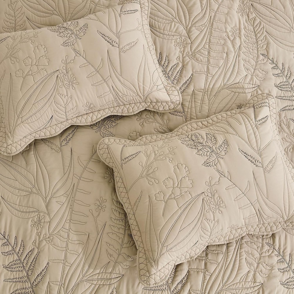 Botanical Oversized Bedspread Queen Size - Leaves Pattern Stitching Quilt Set...