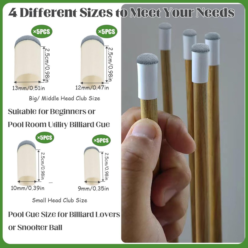 Keromtein 20pcs Slip On Pool Cue Tips, 4 Sizes Queue Stick Tips Replacement Kit