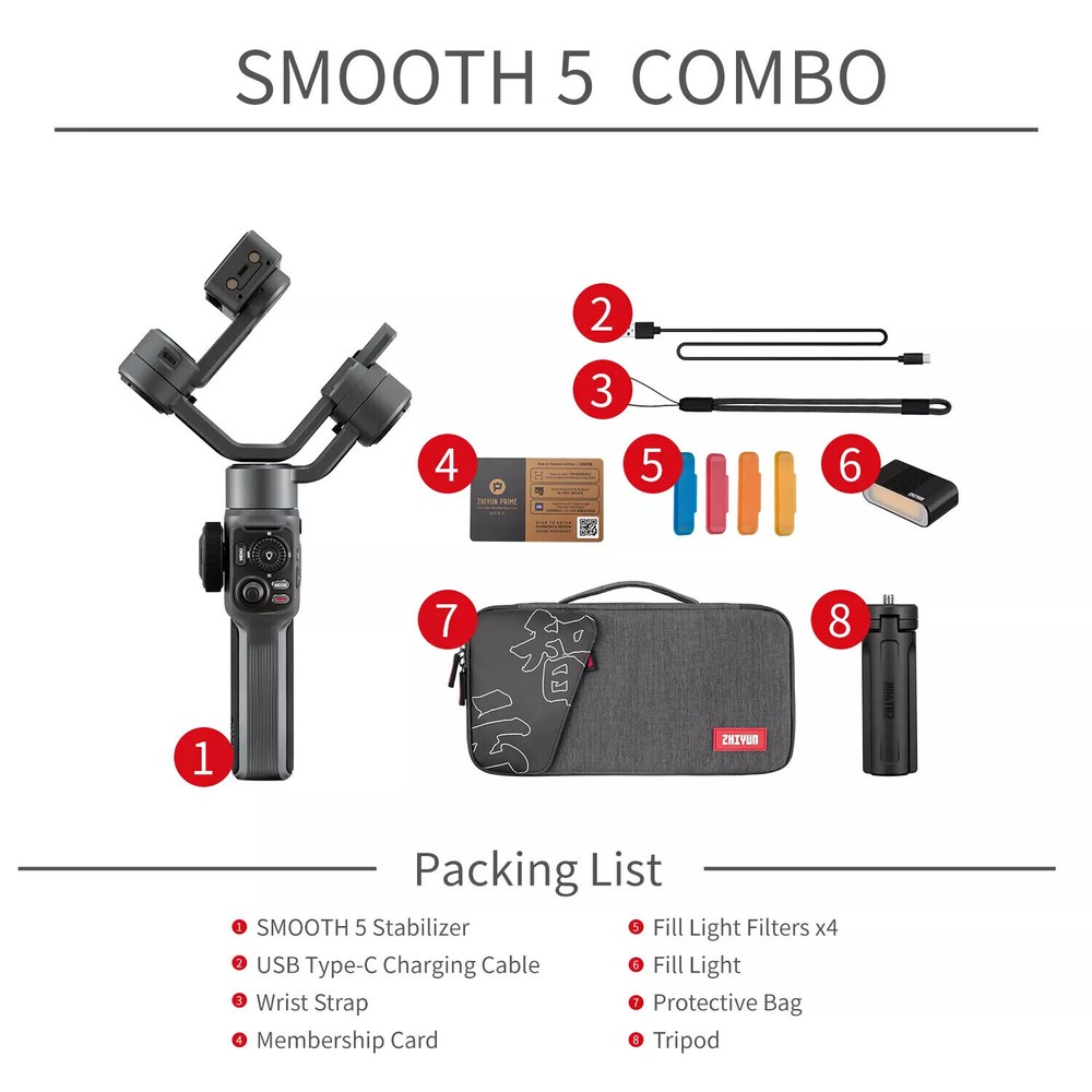Zhiyun Smooth 5 Combo, 3-Axis Smartphone Gimbal Stabilizer for iPhone Android