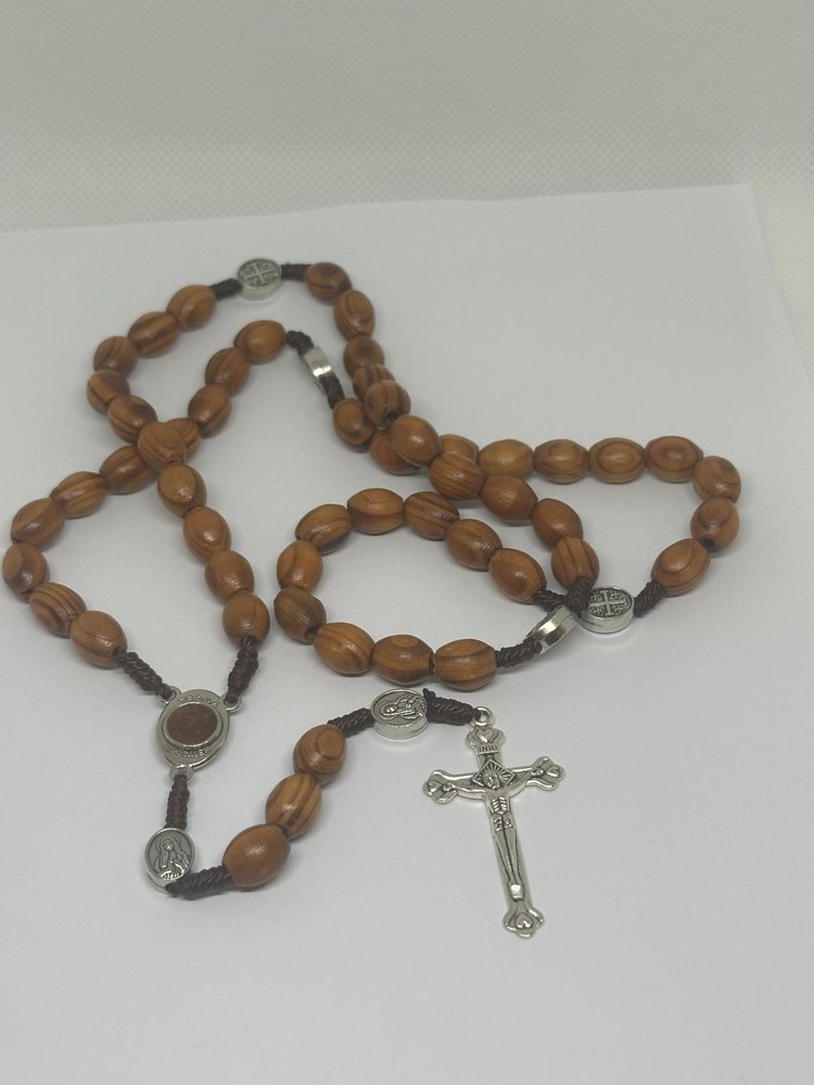 Saint St Benedict Rosary Wooden Holy Land Jerusalem Crucifix Cross Prayer Beads