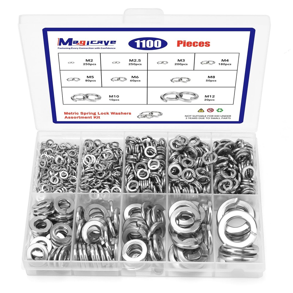 1100 Pcs Spring Lock Washers Assortment Kit, Metric Split Lock Washers, 304 S...