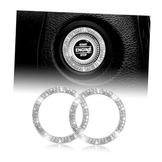 2PCS Bling Car Engine Start Stop Decoration Ring, Crystal Double Row Silver
