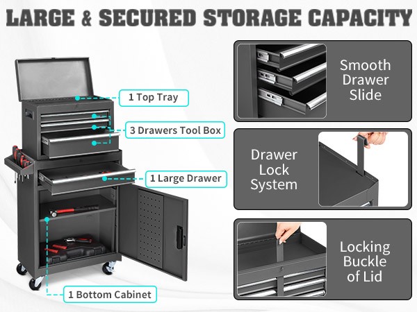 Rolling Tool Chest Tool Organizer Box with Lockable Wheels & Detachable Top NEW