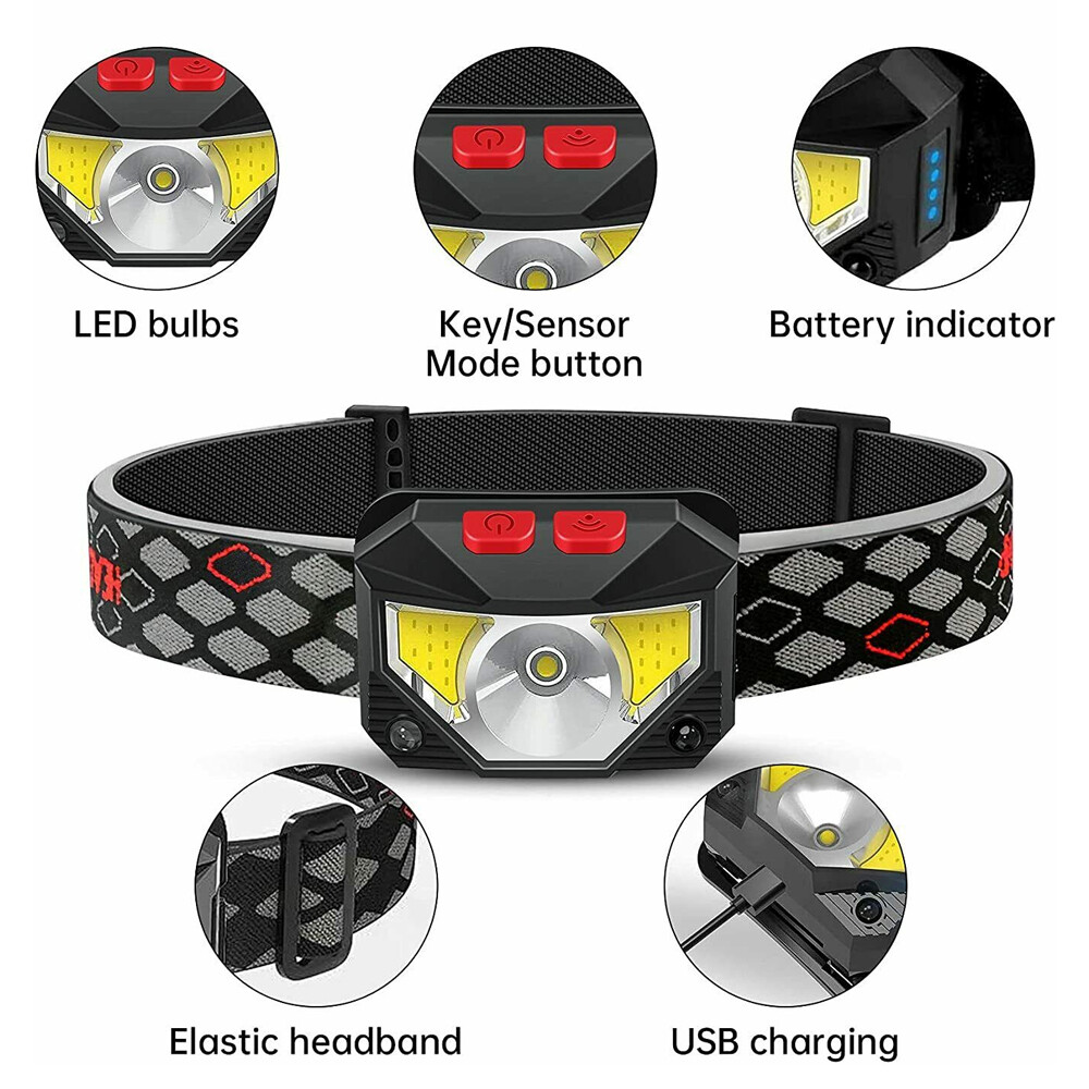 COB LED Headlamp Headlight Flashlight Torch USB Rechargeable Waterproof Sensor