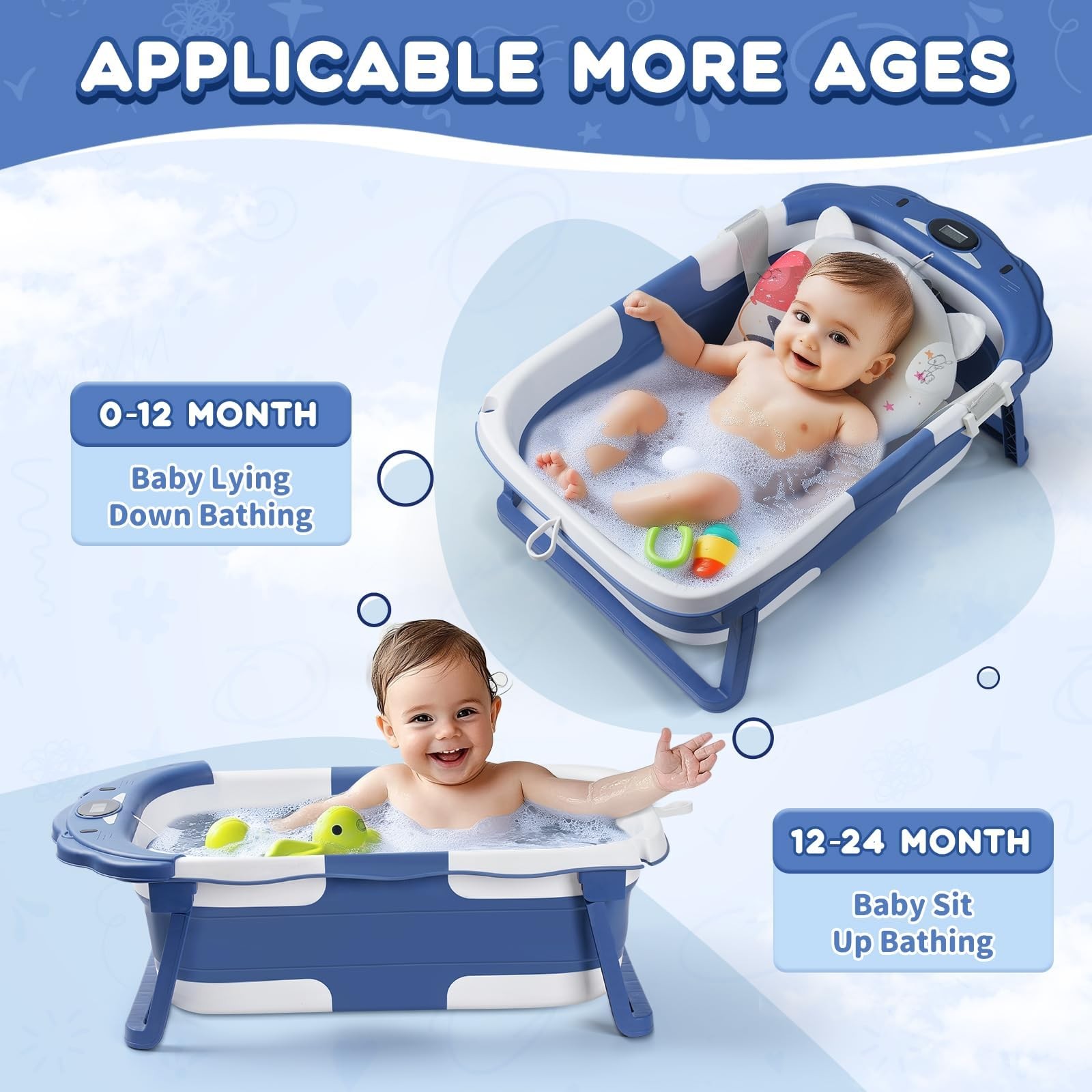 Baby Bathtub,Collapsible Baby Bath Tub with Thermometer & Soft Floating Cushi...