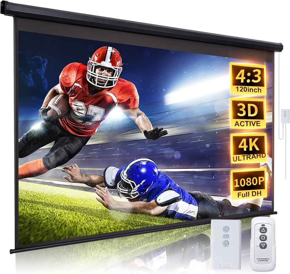 120" Motorized Projector Screen - HD Electric Pull Down with Remote Control