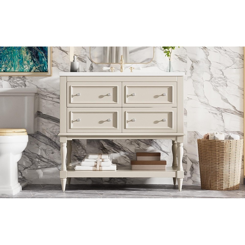 36'' Beige Bathroom Vanity Cabinet Set with Ceramic Sink, Solid Wood Frame,