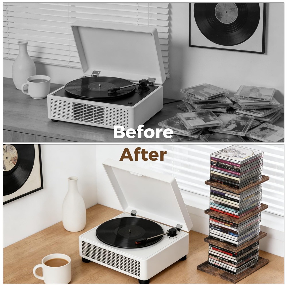 4-Tier Solid Wood & Matte Black Iron CD DVD Storage Rack & Holder with Top Ca...