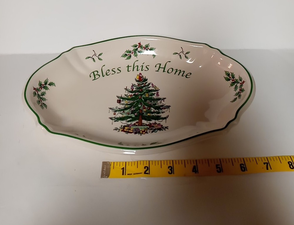 Spode Oval Tray, "Bless This Home" Christmas Tree Pattern