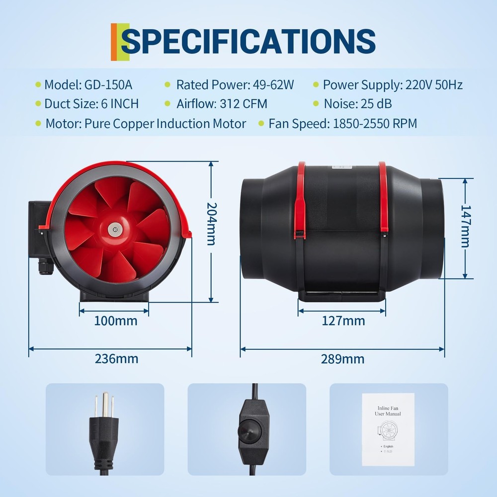 6 Inch Inline Duct Fan HVAC Exhaust Blower Variable Speed Controller 312 CFM