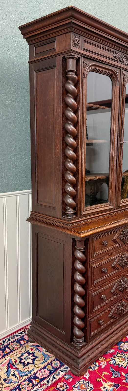 Antique French Bookcase & Chest of Drawers Display Cabinet Barley Twist Oak
