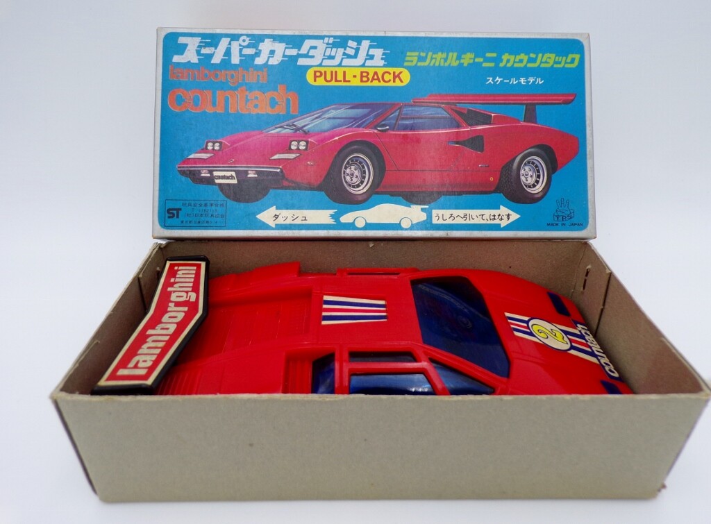 Vintage 70's T.P.S Japan Plastic Pull Back Lamborghini Countach NOS Nomura Toys