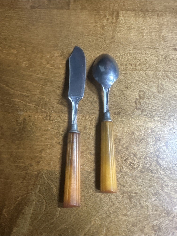 Vintage Bakelite Spoon & Spreader Butterscotch Flatware Silverware Stainless