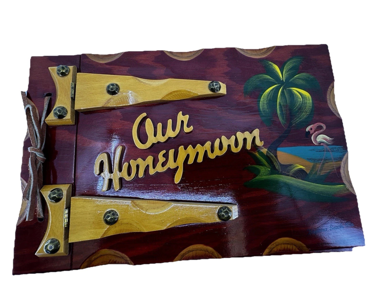 Vintage Our Honeymoon Photo Album Wood Flamingo Palm Tree Daytona Beach FL