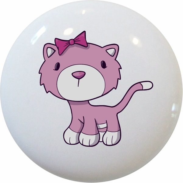 PINK White Kitten DRAWER Pull KNOB Ceramic