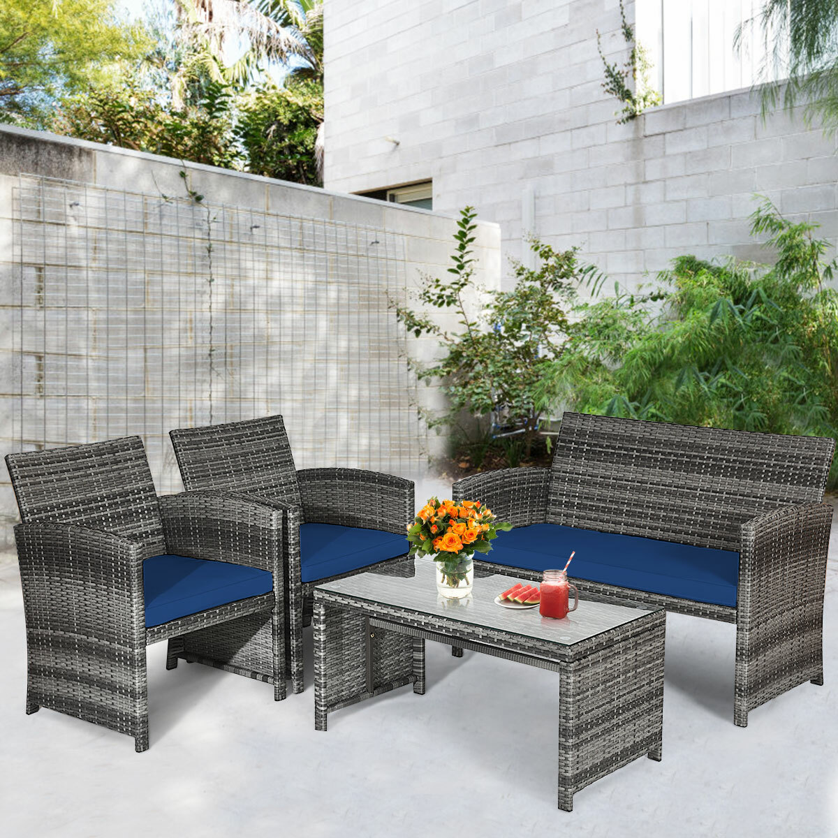 4PCS Patio Rattan Furniture Set Conversation Glass Table Top Sofa Cushioned Navy