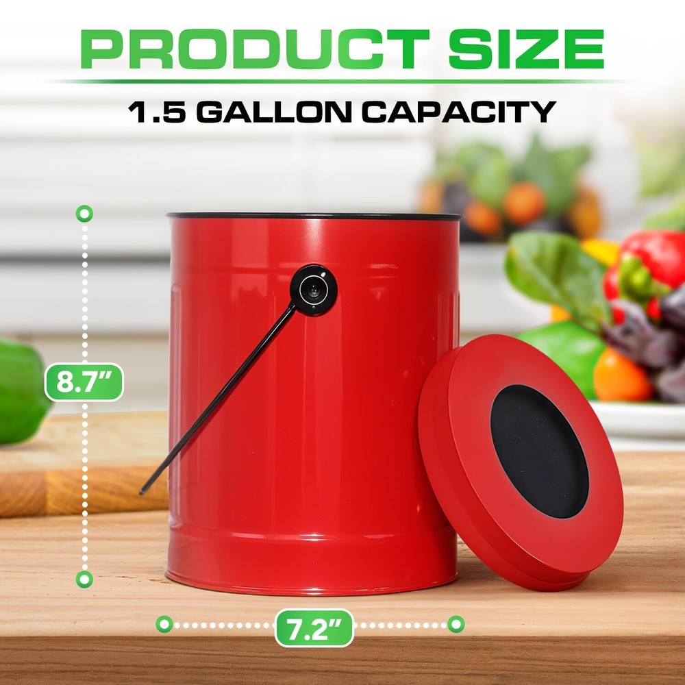 Countertop Compost Bin with Lid Red 1.5 Gallon Odorless Kitchen Compost Conta...