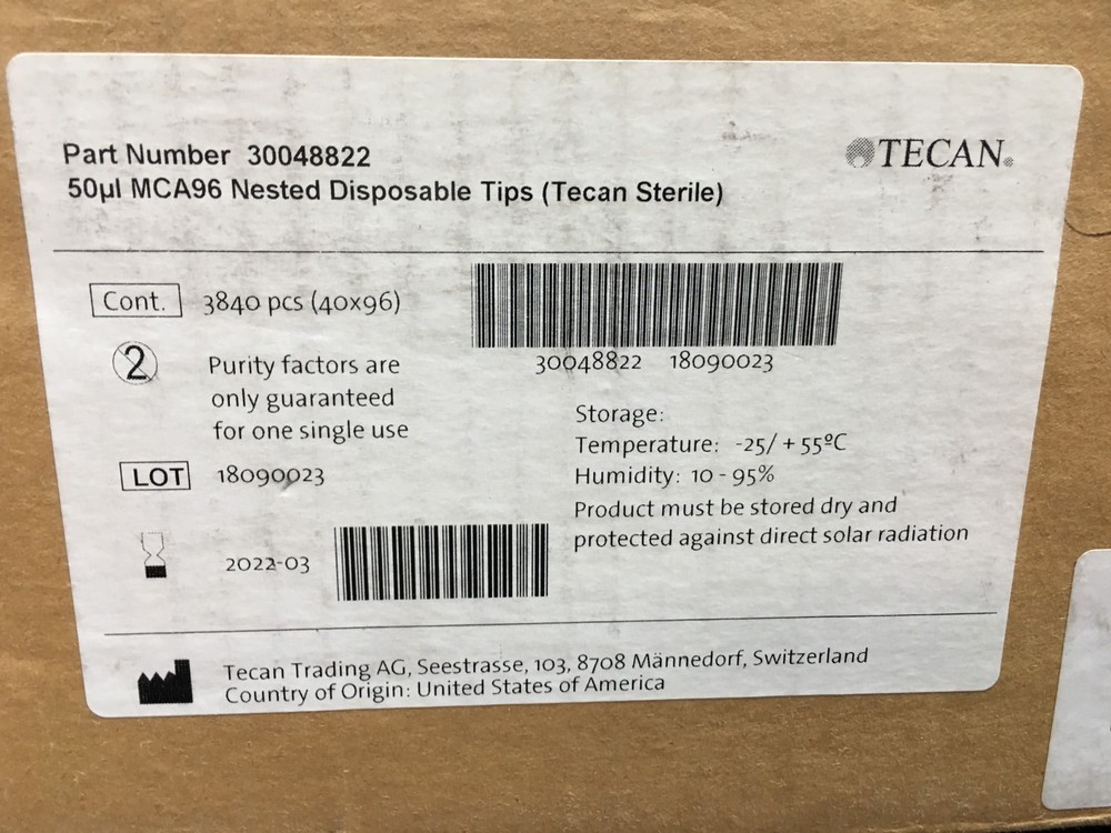 TECAN Cat No 30048822 Disposable Tips Non Filtered Sterile Nested 8 Stack 50µL