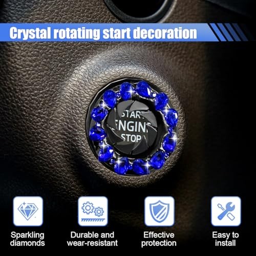 Bling Crystal Car Push Start Button Cover, Shiny Rhinestone Auto Engine Blue