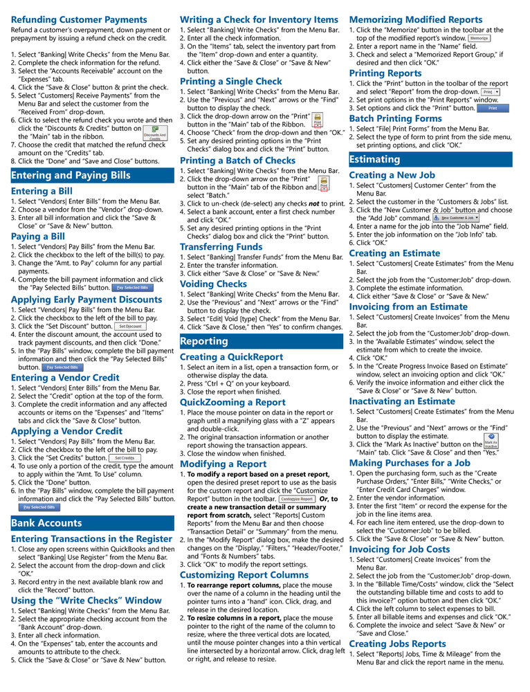 QuickBooks Pro 2020 Training Guide Quick Reference Card 4 Page Cheat Sheet