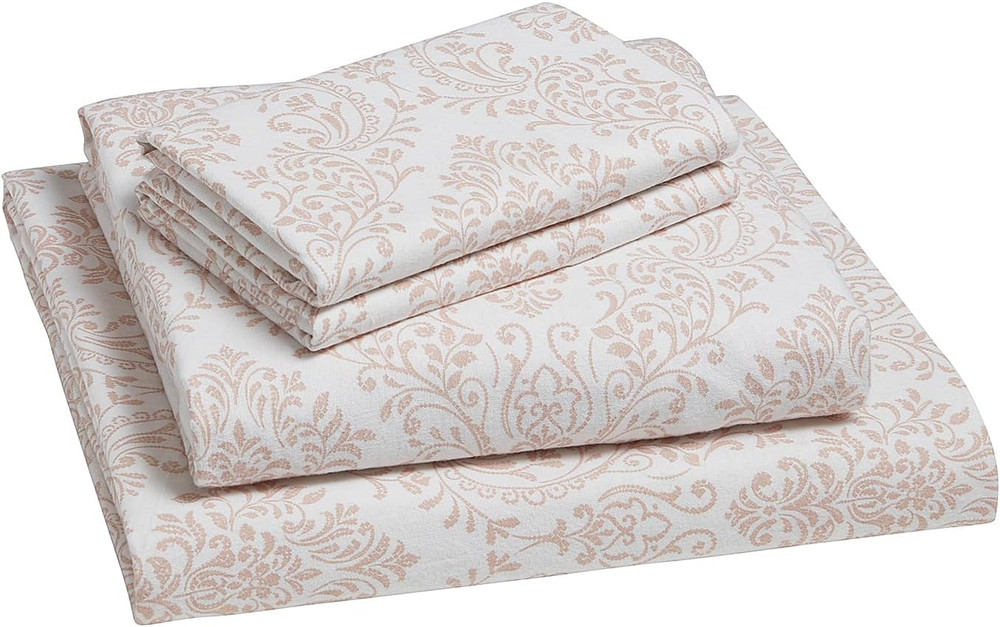 Queen Flannel Sheet Set, Soft Damask Blush Bedding, 4-Piece