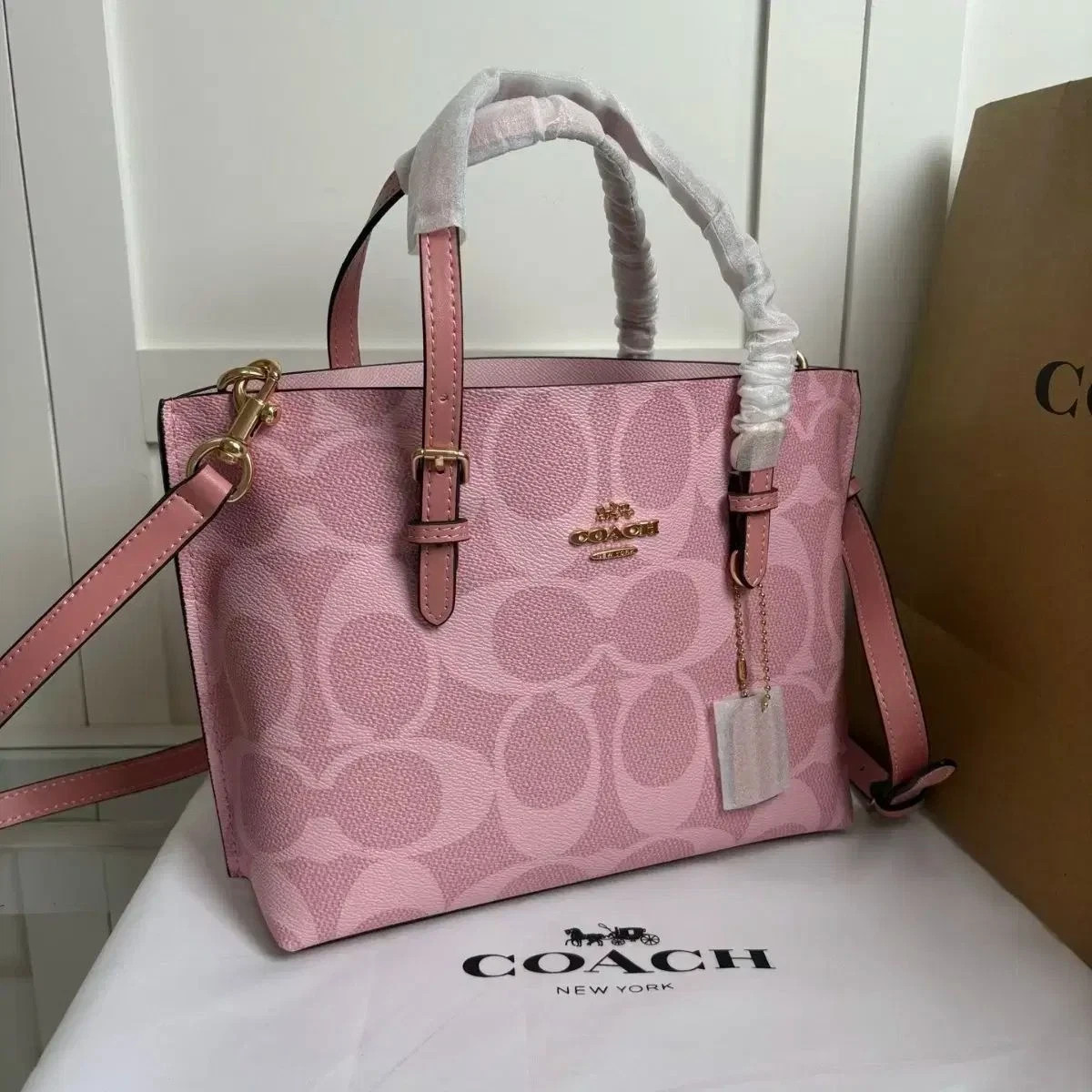 COACH CAL50 Mollie Tote Bag 25 Signature Canvas Pink Handbag Crossbody Outlet!